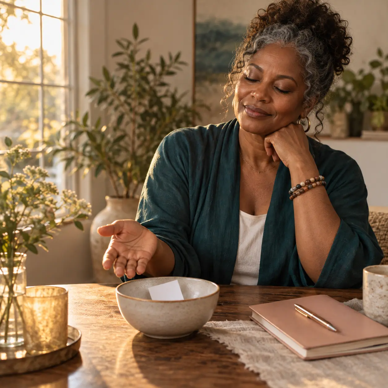 Woman opening her hand beside a bowl containing a folded paper