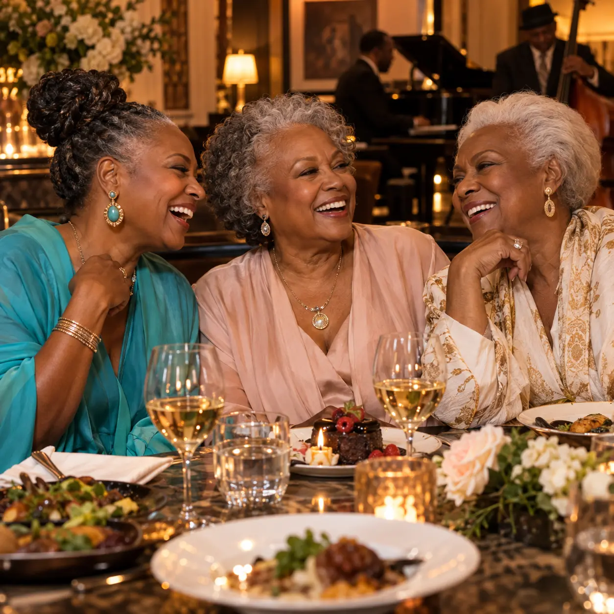 Three longtime friends sharing laughter over a celebratory meal