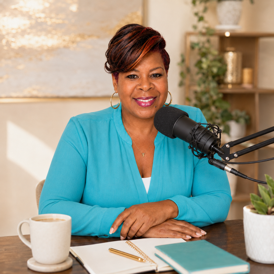 LaVonne Grace speaking into a podcast microphone