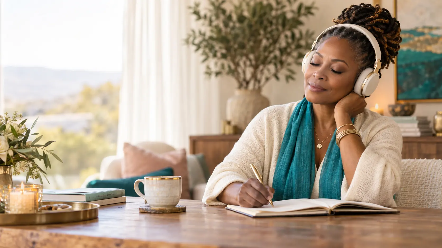 A woman wearing headphones and writing reflectively at a table