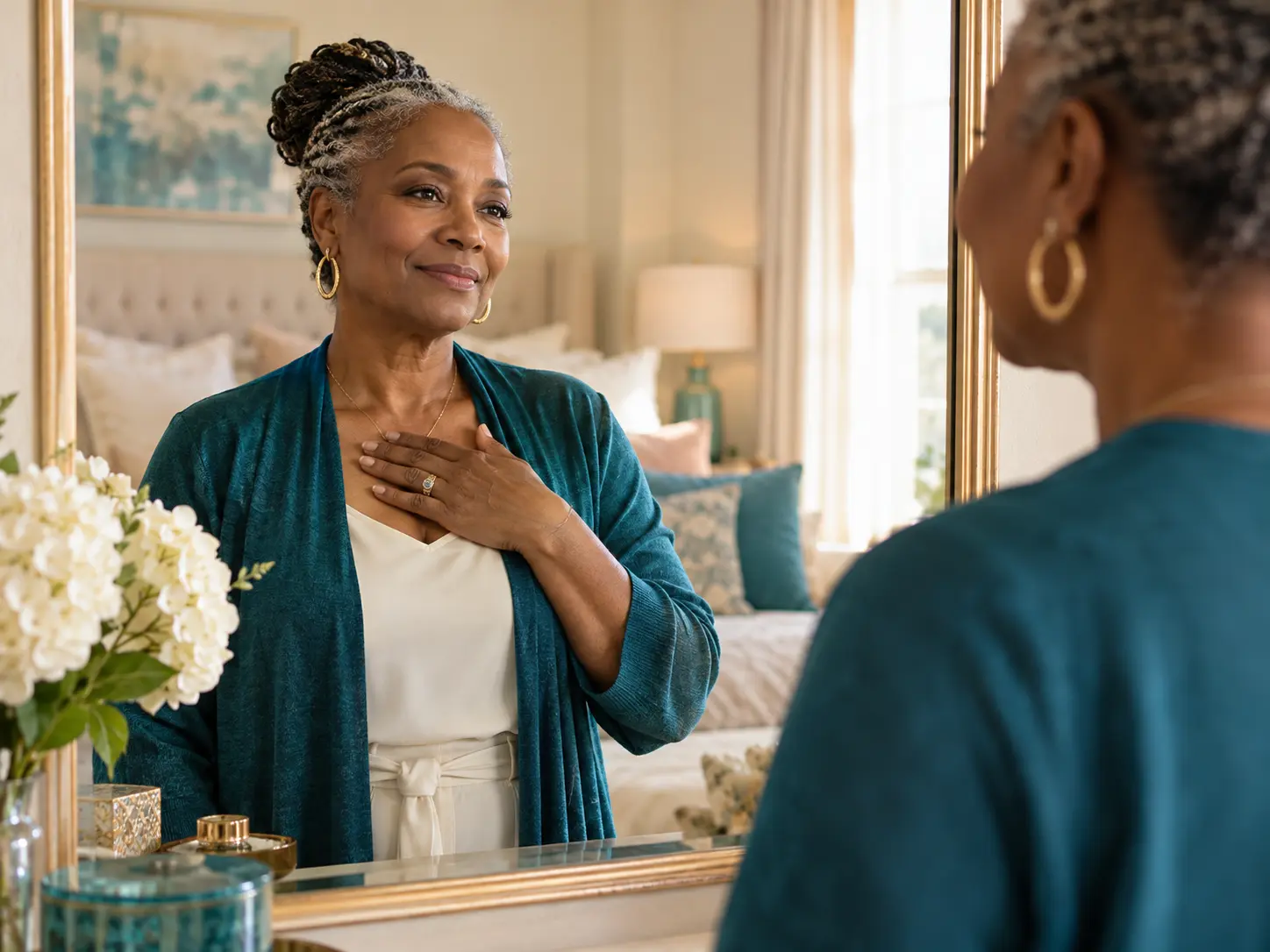 A woman looking into a mirror with one hand resting over her heart
