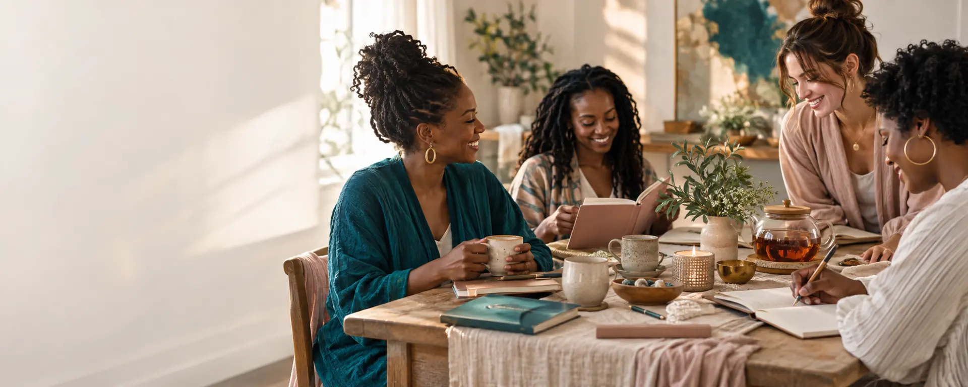 Women writing in journals around a table set with tea and candles