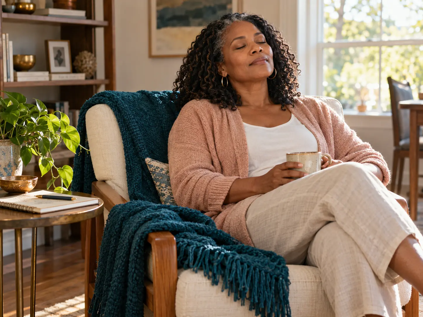 A woman resting in a chair with a warm mug, eyes closed