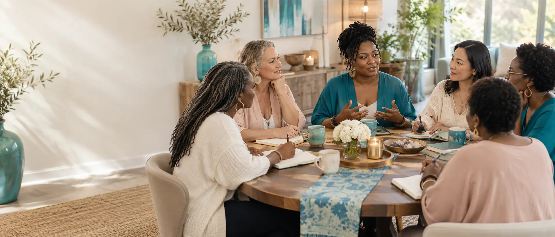 A woman leading a restorative conversation with women gathered around a table