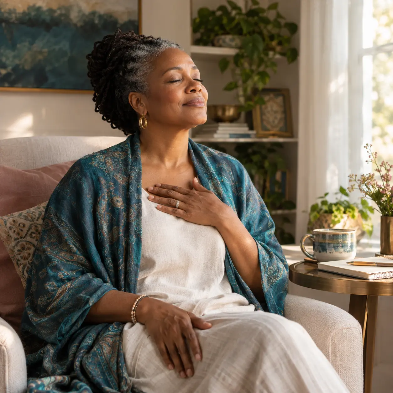 Woman sitting quietly with her hand over her heart
