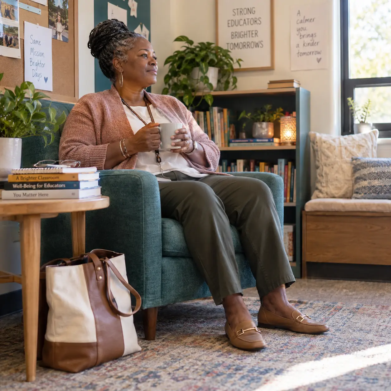 LaVonne resting with a mug in a teal chair in an educator's office