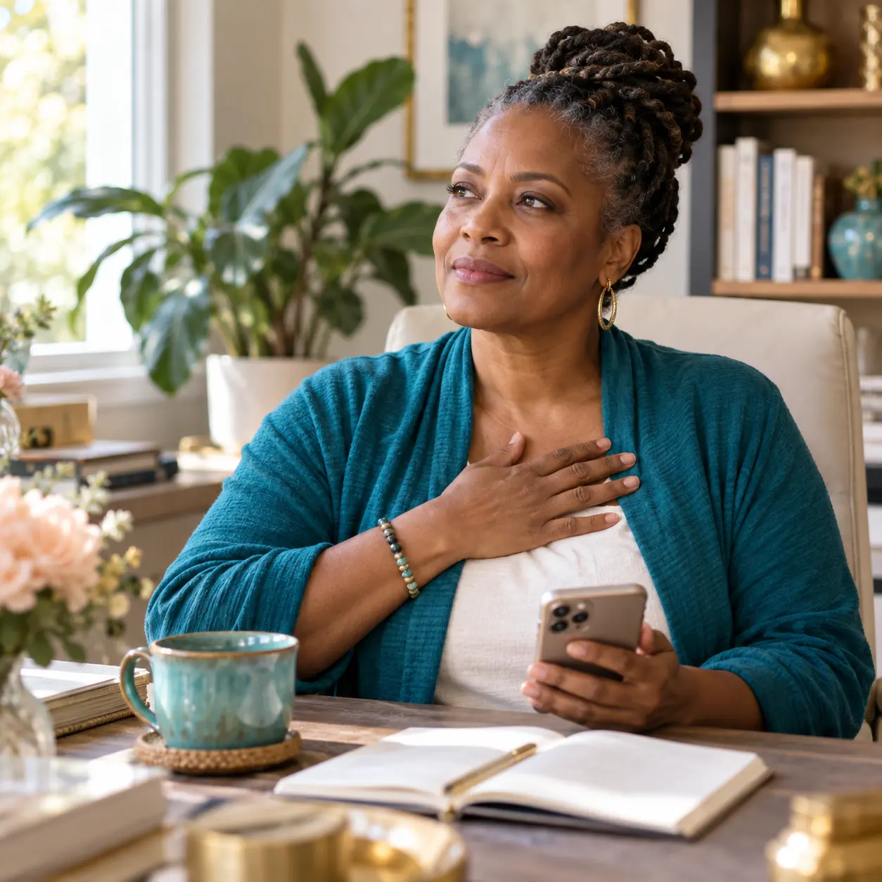 LaVonne holding her phone with one hand resting over her heart