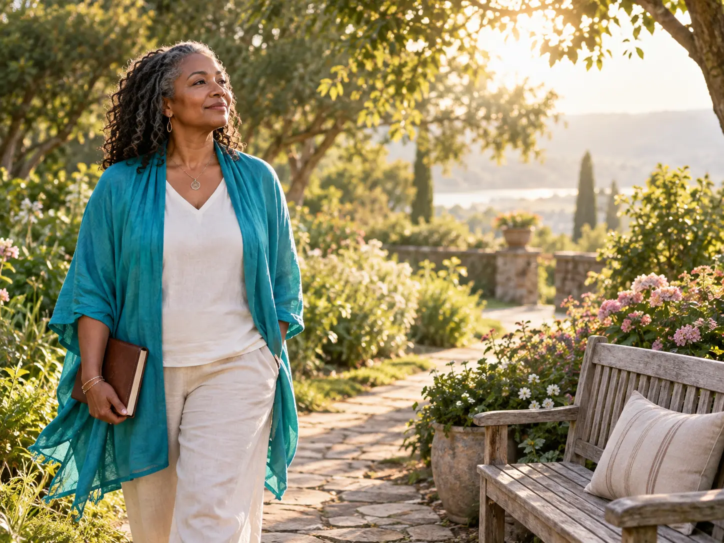 A woman walking a sunlit garden path holding a book