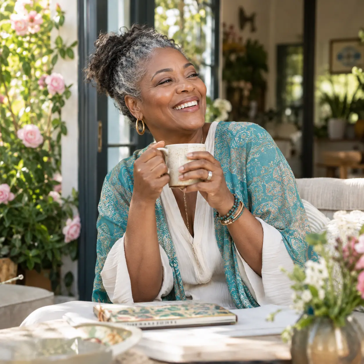 Smiling woman holding a cup in a bright floral setting