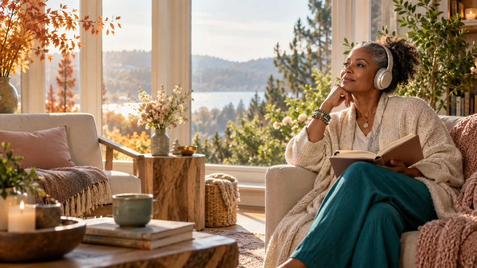 A woman wearing headphones and holding her journal by a sunlit window