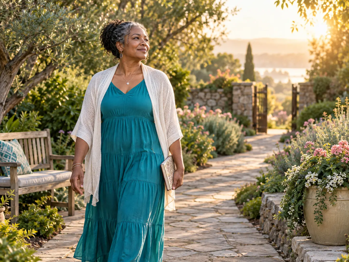 Woman walking reflectively along a peaceful garden path