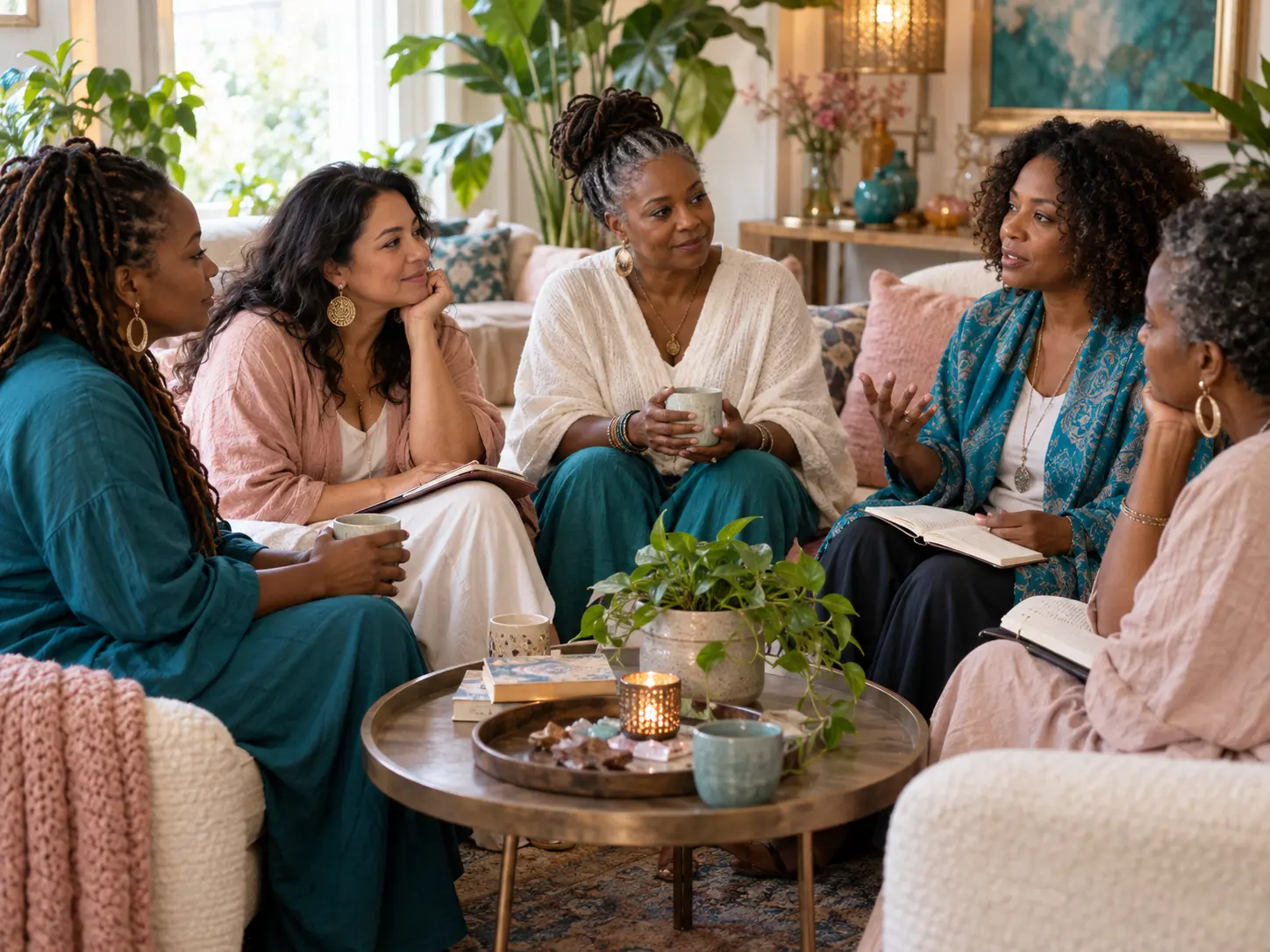 Women gathered in a warm room for conversation and reflection