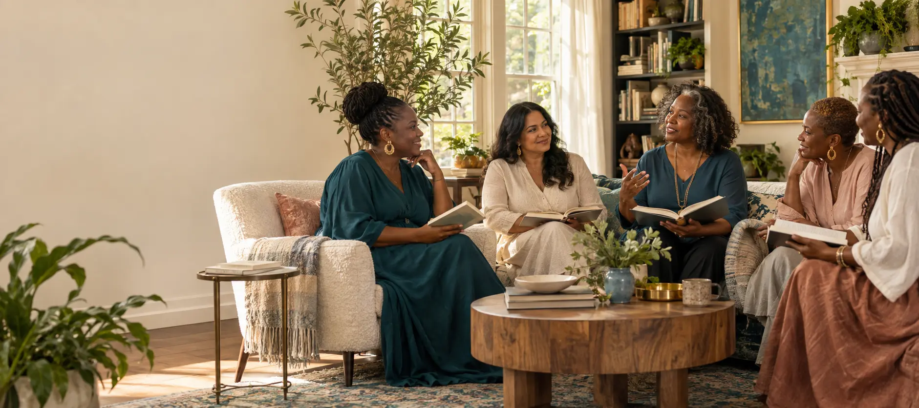 Women seated together in a sunlit living room, each holding an open book